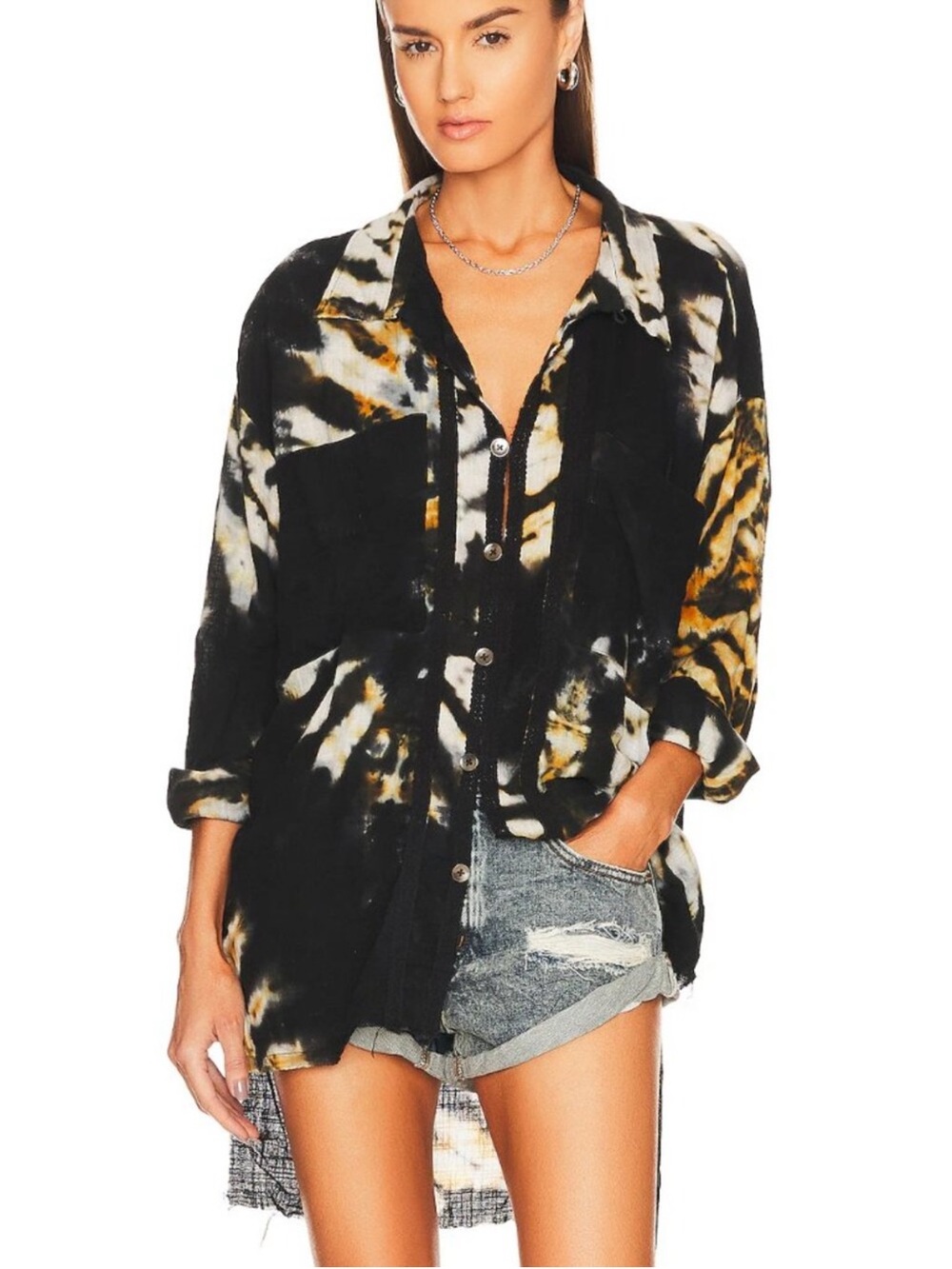 One Teaspoon Hand Painted Storm Flower Longline Shirt